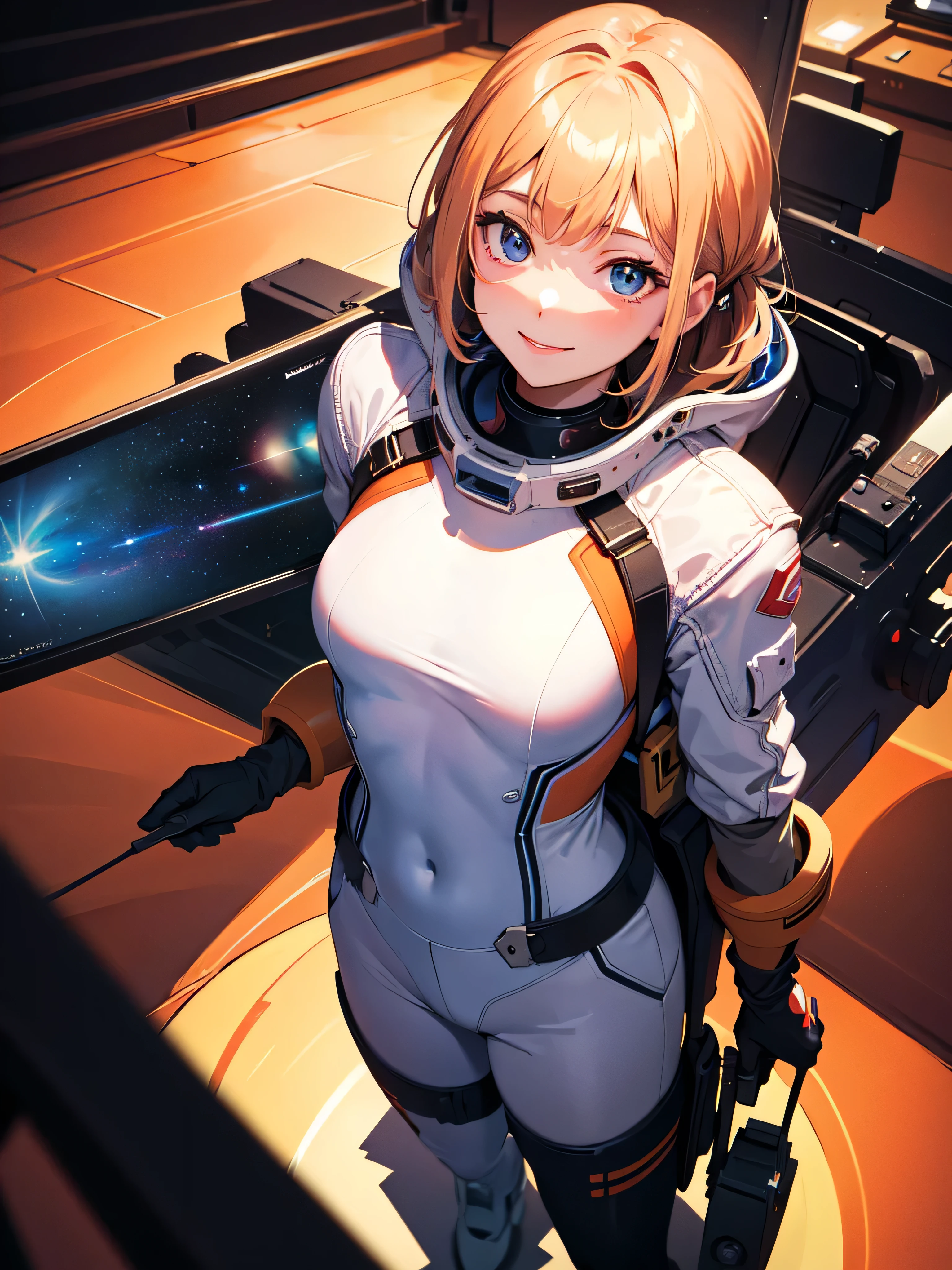 Absurd resolution, High resolution, (masterpiece:1.4), Very detailed, One girl, From above, space, floating, Spacesuit, Sharp focus, (Cinema Lighting), (One girl), smile