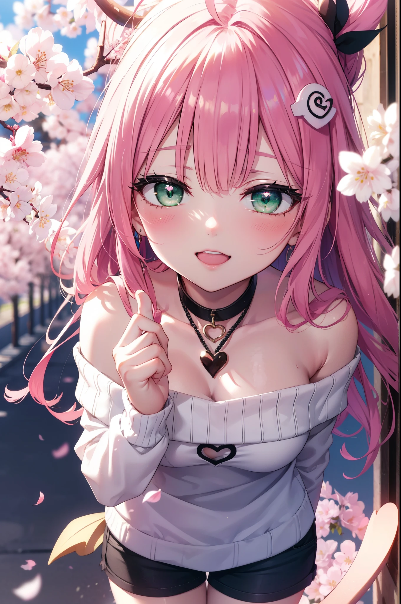 Lara Deviluke, Lara Deviluke, Long Hair, Pink Hair, tail, Ahoge, bangs, hair ornaments, (Green Eyes:1.5), happy smile, smile, Open your mouth,demon tail,Off-the-shoulder sweater,Exposing shoulders,bare clavicle,Bare neck,Heart Pendant,Shorts,Black Pantyhose,short boots,Cherry blossoms are blooming,Cherry blossoms are scattered,Cherry blossom tree-lined path,Daytime,Clear skies,
break outdoors, city,ビル街
break looking at viewer, (Cowboy Shot:1. 5)
break (masterpiece:1.2), highest quality, High resolution, unity 8k w全てpaper, (shape:0.8), (beautiful detailed eyes:1.6), extremely detailed face, Perfect lighting, extremely detailed CG, (Perfect hands, Perfect Anatomy),