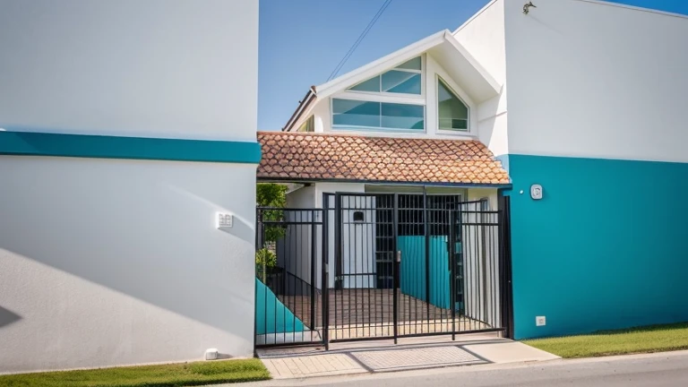 , The house is made from white walls and some walls are painted bright blue)), beautyful light, beautyfulday, sunny, Many grass bougainvilleas along the road:1.3, lovely youthful feeling :1.2, sunlight at 12 noon, Very beautiful shadows