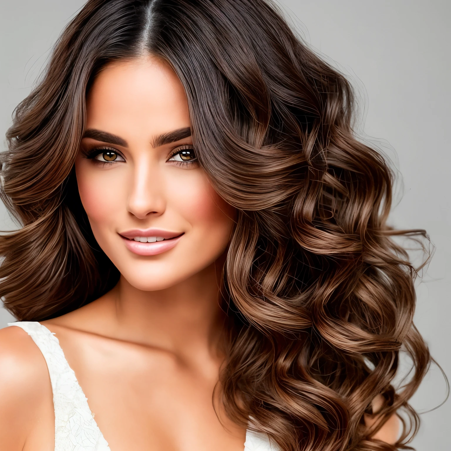 Produce a high-resolution image that depicts a beautiful brunette woman, com cabelos cacheados e sedosos. Destaque a mulher em um ambiente onde a luz natural realce seus cachos, proporcionando um brilho sutil. Capture your charming and confident expression, emphasizing your elegance and unique style. Use lighting to highlight the details of the curls, evidenciando a textura e o movimento dos fios, creating an atmosphere of beauty and sophistication that conveys a cinematic air to the scene."