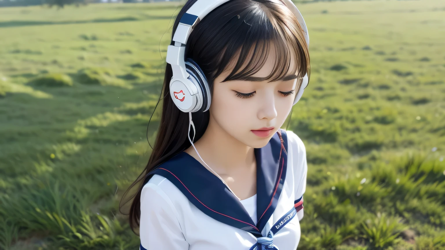 Cute girl, sailor suit, headphones on, eyes closed, grassland,