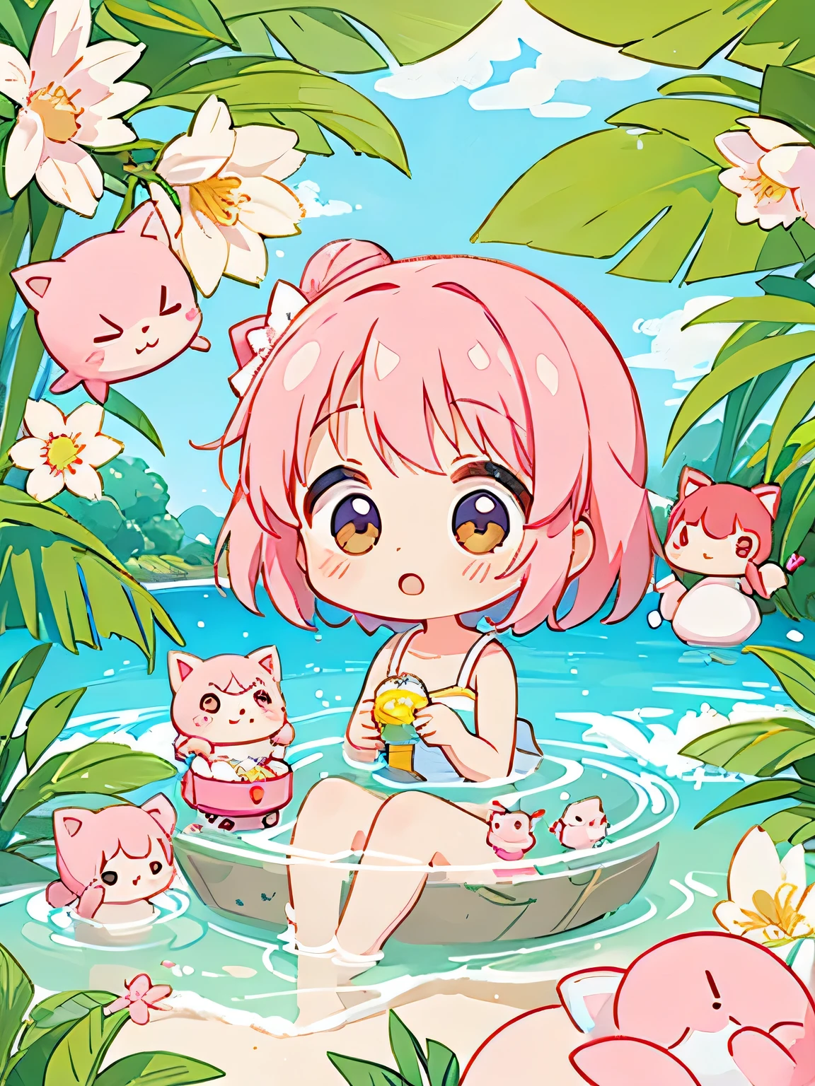 Momoko Sakura Style, Kawaii Design, The most beautiful girl of all time、Chibi, (((Lots of friends))), Bathing、Hot Summer Afternoon
