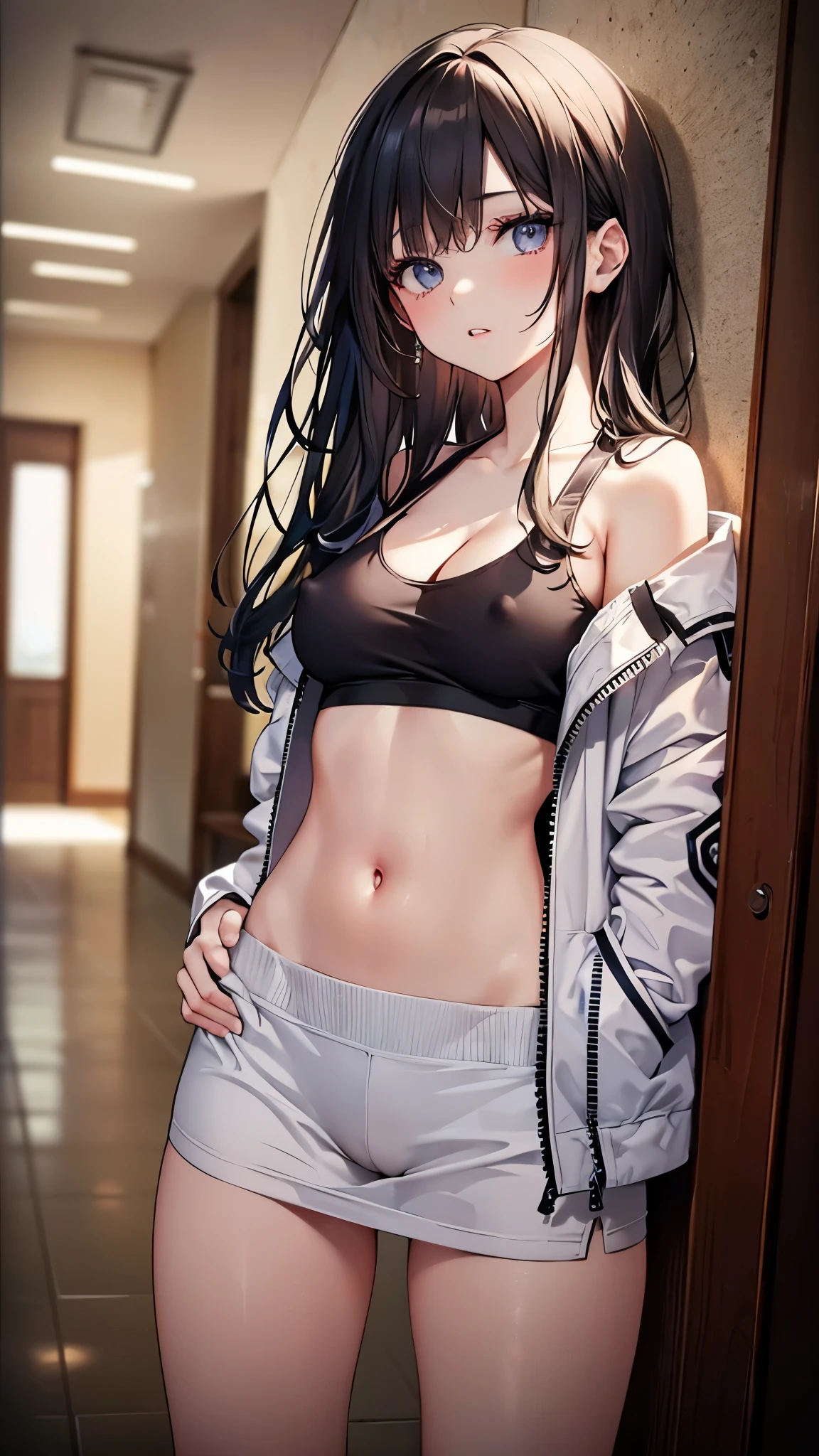 one pretty girl, solo, supermodel, long hair, makeup, parted lips, big , , out, pussy oleavage, tafurther jacket, open clothes, (looking at viewer), standing against wall, indoor, thighs, soft lighting, film grain, upper body, epiCPhoto, (best quality:1.2), (masterpiece),((ultra-detailed)),