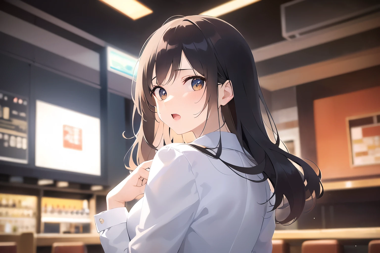 pointing at self、Upper Body, Realistic, real person, (pale skin: 1.2), RAW photo, photorealistic, portrait photography, shiny skin, shiny hair、(A 25-year-old woman with medium-length hair and bangs) and (wavy hair) and (brown hair) and (orange eyes) , (Gray business suit:1.5) and (White shirt) 、surprised, open mouth, The background is the interior of a restaurant at night.、Alone、Are standing