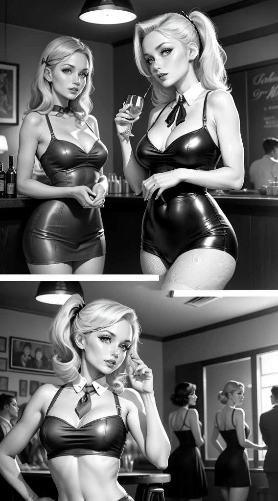 olivia newton johnに似ている(1.9), Impressive wartime pin-up girl images, Looking at the camera(1.5), Dressed in retro costumes, ponytail(1.5), Tie your hair with a ribbon(1.9), Pose gracefully in a nostalgic 1940s bar. Nostalgic Color(1.5)Adds a vintage touch to the scene, Captures the essence of iconic pin-up art and vintage aesthetics of the time..