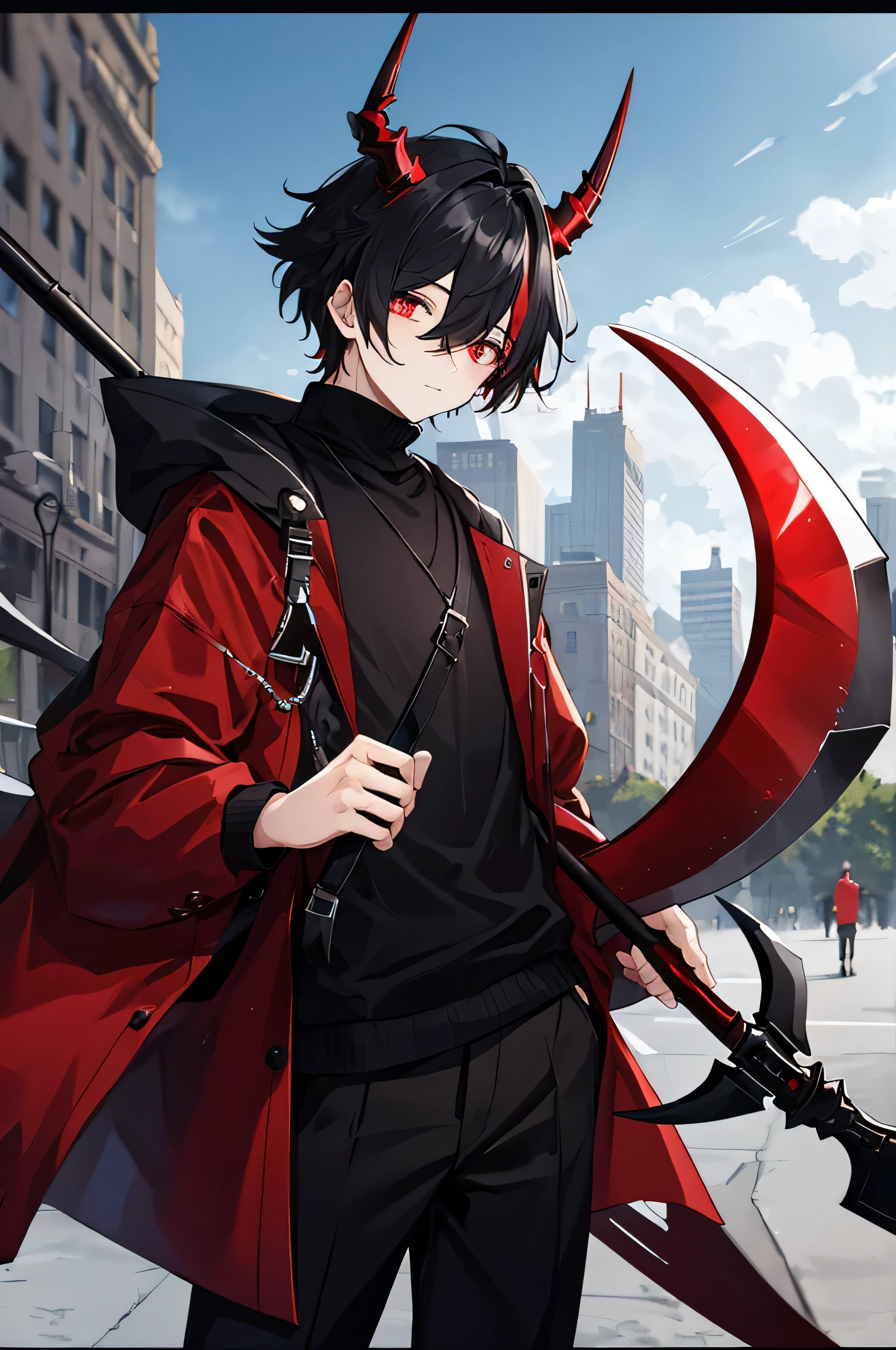 1boy, wearing black and red sweater, beautiful red eyes high detailing, black hair red pattren, red robotic horn, long black trousers, on the park, holding big red scythe, (hair over eyes:1.1), (detailed), ((best quality))