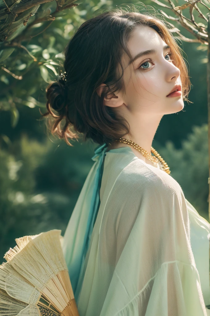 ( masterpiece, top quality, best quality,8k,17 years old girl,ultra detailed,raw photo:1.5),(photorealistic:1.4), (cinematic lighting), PerfectNwsjMajic, , Surrealism, UHD, ccurate, Super detail, textured skin, High detail, Best quality, dynamic angle, White skin,[Beautiful blue eyes], high nose,[flat chest:large breasts:0.5],(1girl),((good anatomy:0.5)), Dreamy atmosphere,expressive brush strokes, mystical ambiance, Artistic interpretation, Stunning Studio Ghibli style costumes, a whimsical illustration, Subtle colors and tones, mystical aura, jewelry, splendor, portrait