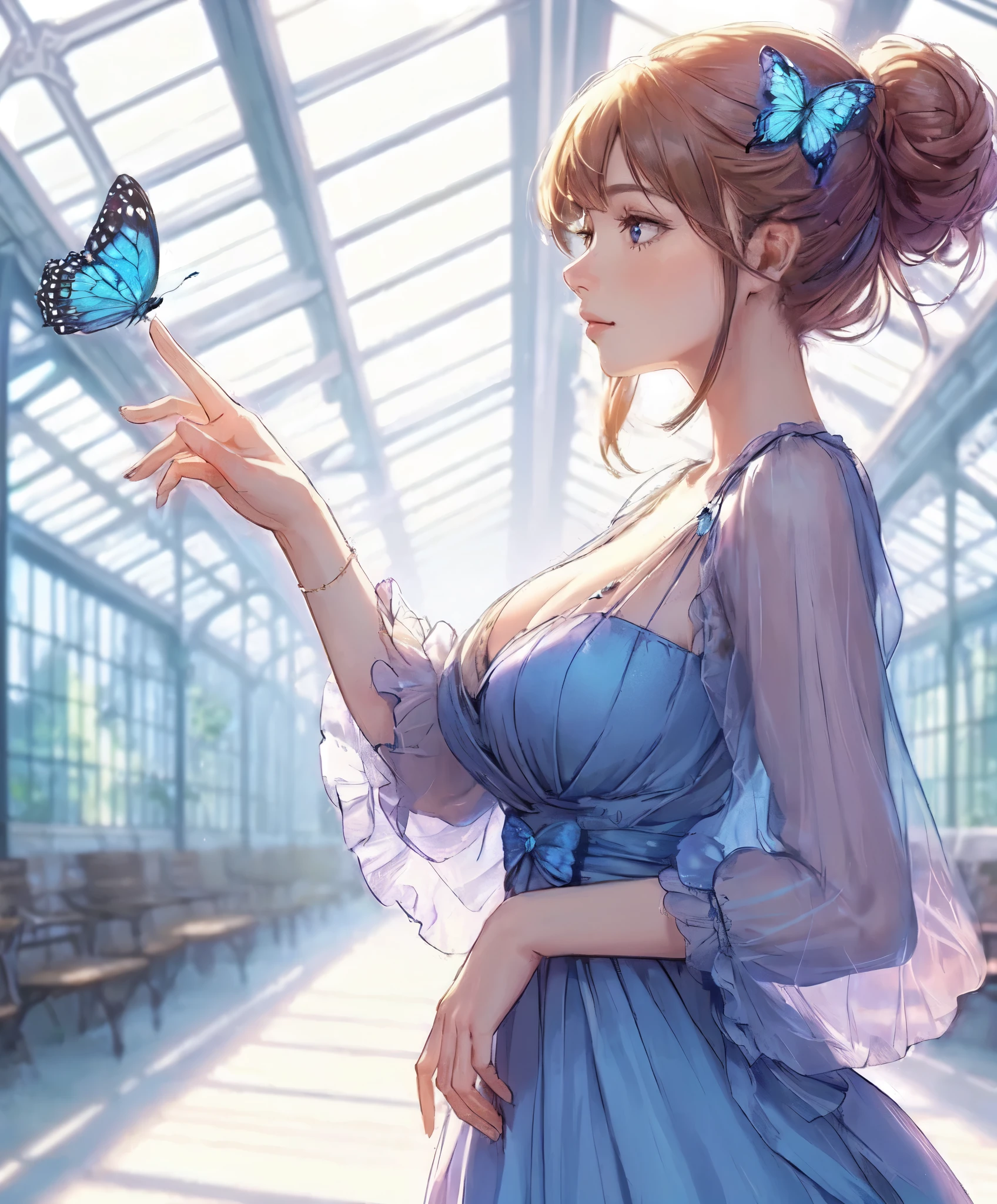 1lady solo, profile, (one hand up) (extending index finger gently), (blue butterfly landing on index finger), (cool and stylish dress), mature female, /(dark beige hair/) bangs, (light smile:0.8), (masterpiece best quality:1.2) delicate illustration ultra-detailed, large breasts BREAK (blue butterfly perching on index finger), (realistic blue butterfly:1.1), (glowing wings:1.1) BREAK (stylish greenhouse) indoors, plants, (soft lighting) noon, detailed background