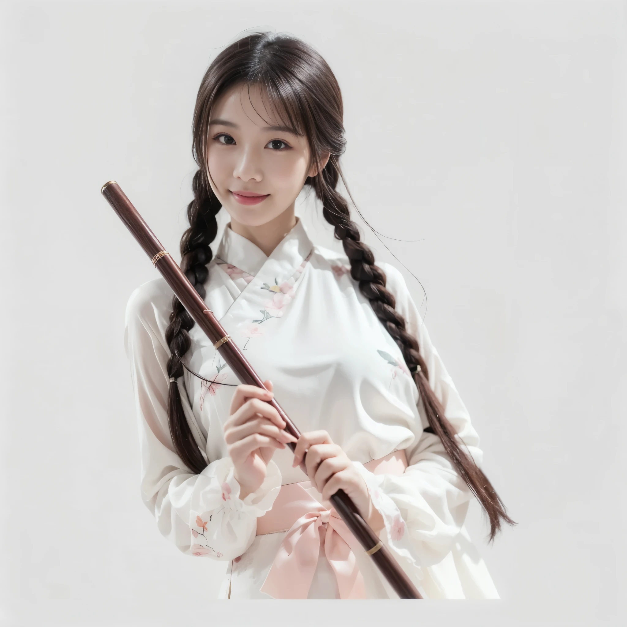 UHD, masterpiece, anatomically correct, textured skin, super detail, high details, high quality, best quality, highres,16k,Chinese woman,Chinese, Flute in hand,Wearing Chinese clothing,Proper body proportion,complex intricate details,Very fine and beautiful hair,Photorealism,Professional Lighting,Realistic shadows,Beautiful hands,Beautiful fingers,Beautiful face,Cute smiling face,joy,Happy detailed smile,Detailed finger features,detailed clothes features,Detailed hair features,Detailed facial features。