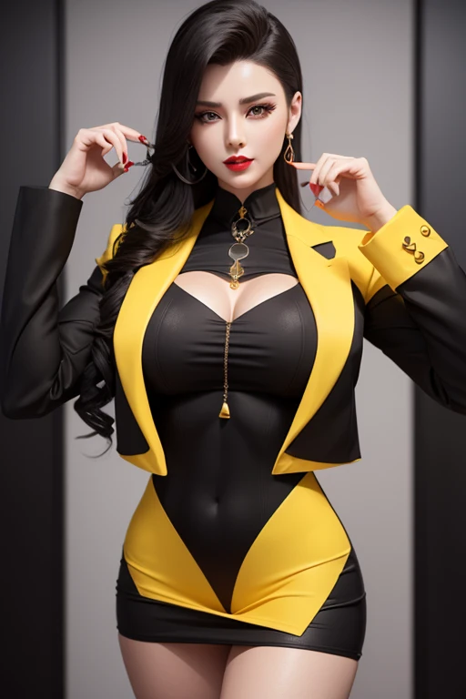3D Rendering Style: A muscular body with huge chest and a flat stomach, a perfect face with red lips and yellow eyes, a woman wearing a black formal suit with a large white shirt,five finger