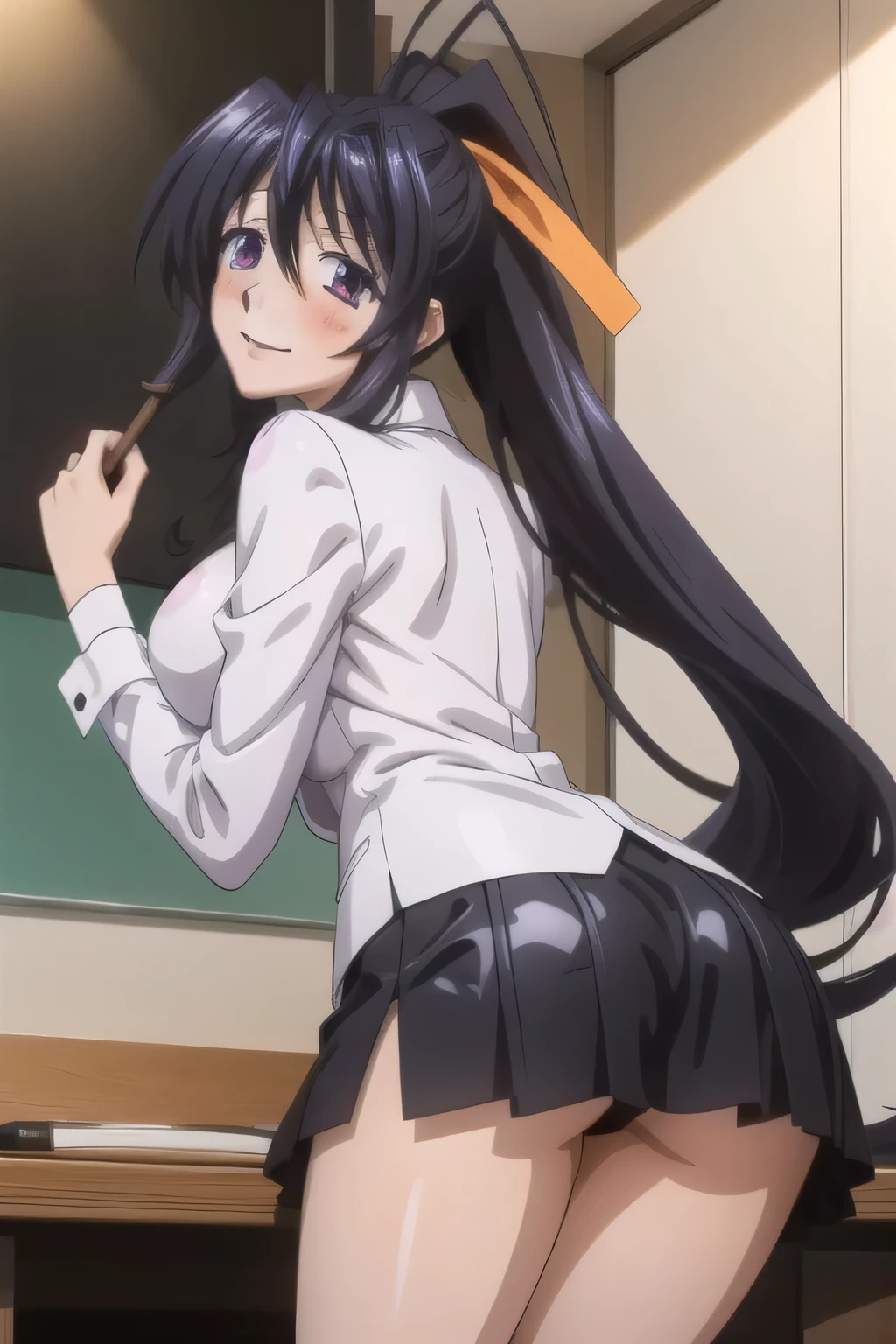 Himejima Akeno、Long Hair、(draw the eyes:1.2)、one person 、smile 、blush
、Leaning forward
、Place your hands on your knees
、Black tight skirt
、Stick your butt out
、look back
、(highest quality) 、(Fine skin:1.3)