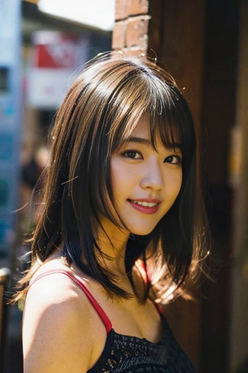 (8k、RAW Photos、highest quality、masterpiece:1.2)、(Realistic、Photorealistic:1.37)、Very detailed、Ultra-high resolution、1 female、Seeing the viewer、Beautiful and elaborate face、Big eyes、Blue eyeshadow、round face、Laughter、narrow、(Narrow waist) :1.3)、Beautiful, smooth skin、Skin Texture、Floating Hair、Professional Lighting、The whole human body、Long Hair、blonde、Japanese high 、Camisole dress、Bob Hair、E Cup、smile、Age 25、Baby Face、childish smile、Moisturizing lips、Light pink lips、Nostalgic Countryside、Arcade