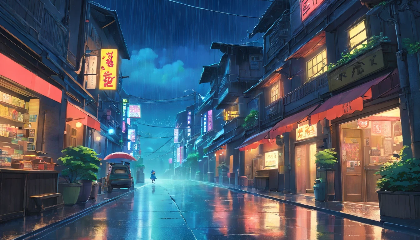 street, rain, One-point perspective, Lots of light, night, cyber punk, Dark Environment, High resolution, High resolution, 8k