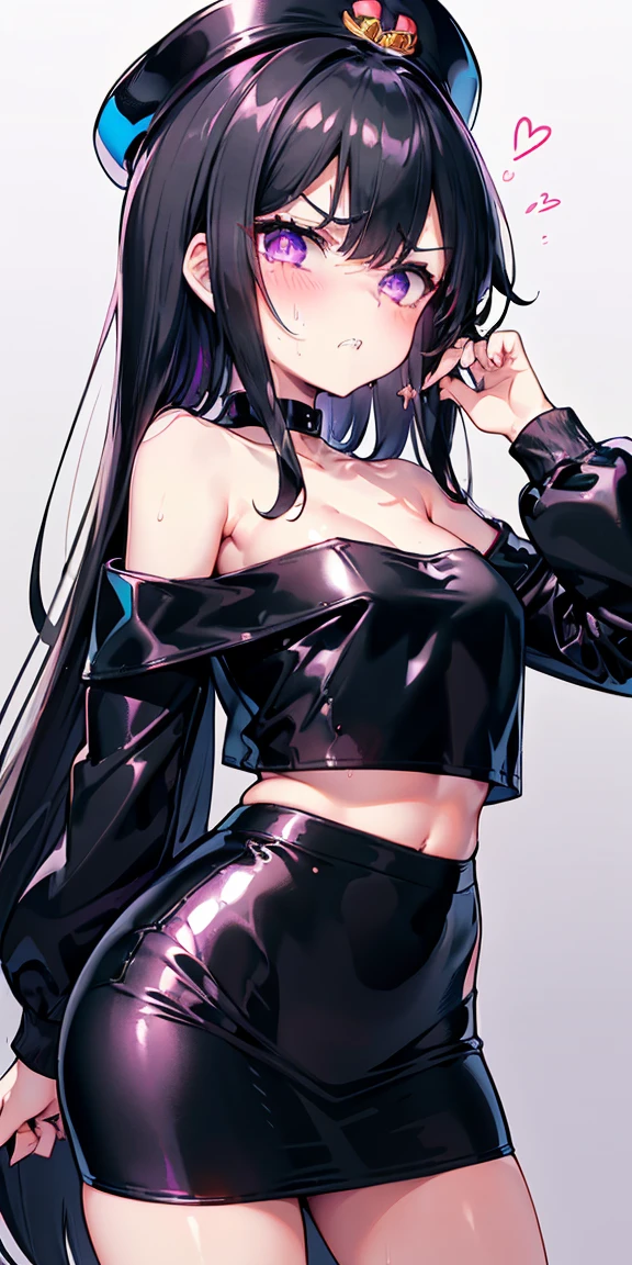 1 girl,heart-shaped pupils, hand on hips, (black hair), (purple eyes), long hair, (((long straight hime hair))) (blush:1.1), Upper body, trembling, Sweat, Sweatdrop, heart, (speed line:1.1), ((Flat milk)), ((heavy breathing:1.3)), like, heart, angry look, Yandere, ((****)), ((jagged teeth)), small breasts, (Black military cap), ((black jacket)), off shoulder, ((shiny latex black tube top)), ((strapless)), shiny, ((mini pencil skirt)), cowboy shot, ((hime hair)), hime cut, hime haircut, hime style, black off shoulder jacket, ((tsundere)), 