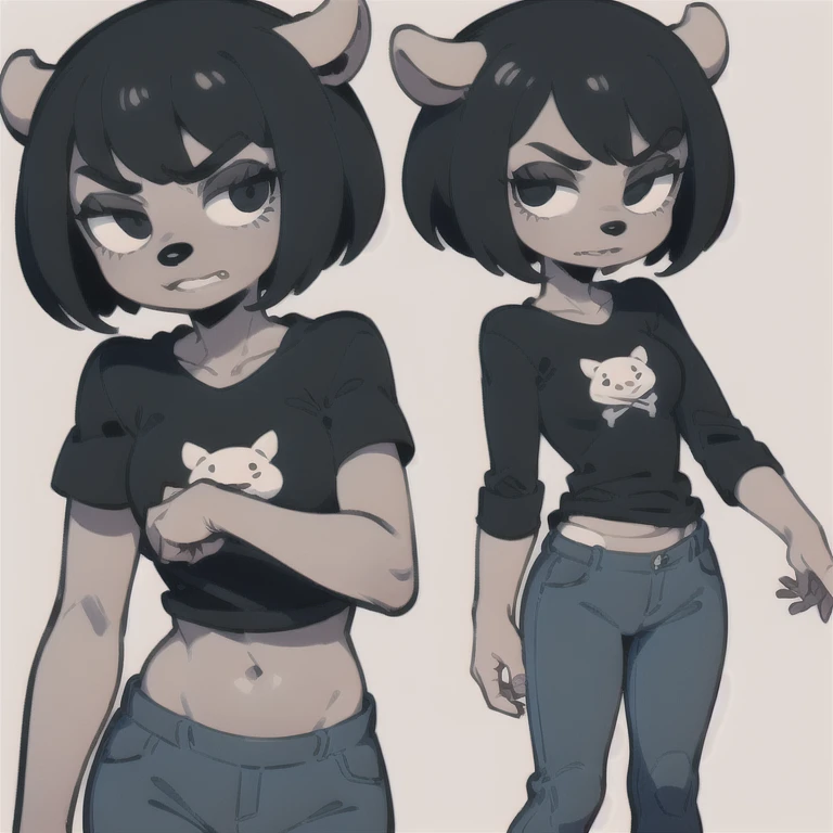 ((masterpiece, best quality))1girl, furry, black hair, short hair, horns, black eyes,  grey skin, black shirt, blue jeans, midriff, (full body:1.2),  simple background,  rammy, mad 