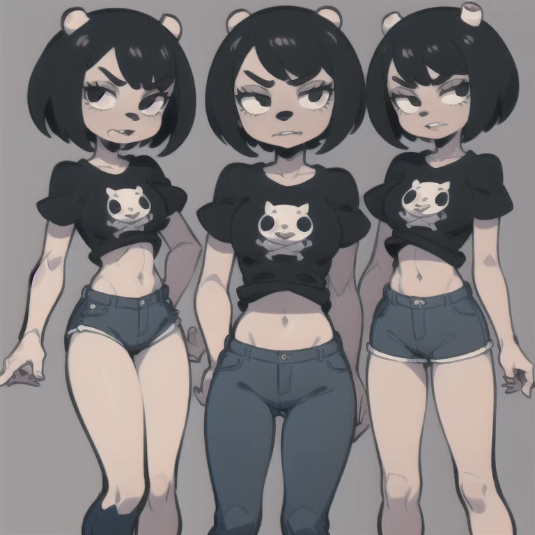 ((masterpiece, best quality))1girl, furry, black hair, short hair, horns, black eyes,  grey skin, black shirt, blue jeans, midriff, (full body:1.2),  simple background,  rammy, mad 