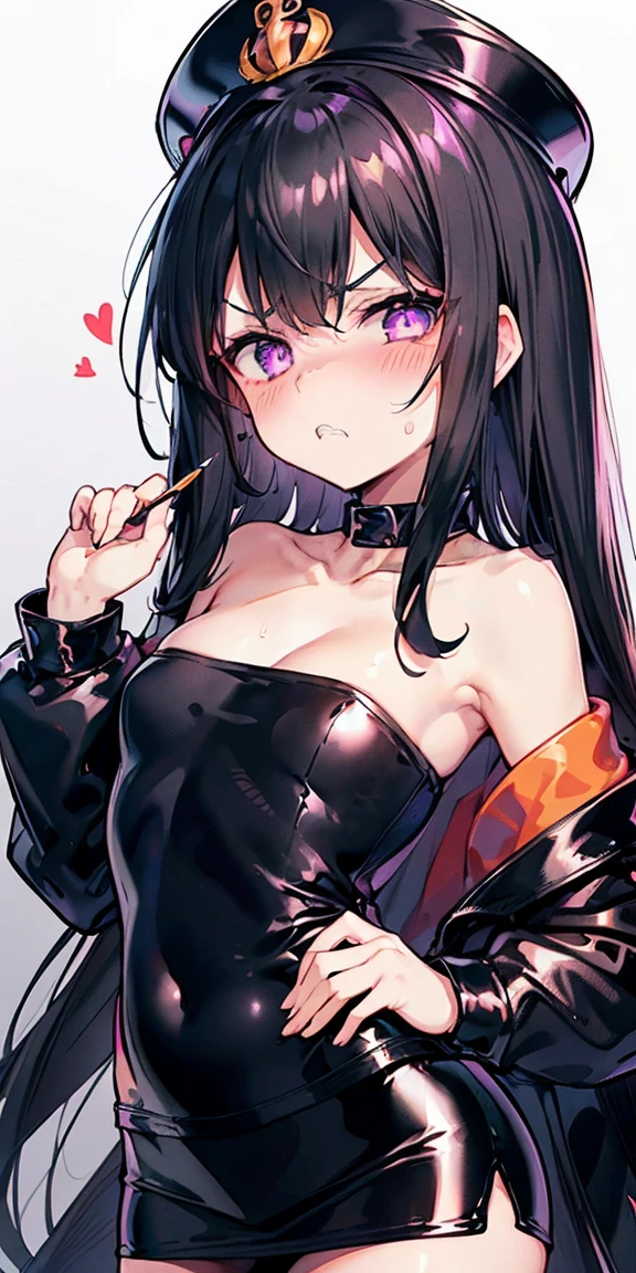 1 girl,heart-shaped pupils, hand on hips, (black hair), (purple eyes), long hair, (((long straight hime hair))) (blush:1.1), Upper body, trembling, Sweat, Sweatdrop, heart, (speed line:1.1), ((Flat milk)), ((heavy breathing:1.3)), like, heart, angry look, Yandere, (()), ((jagged teeth)), small breasts, (Black military cap), ((black jacket)), off shoulder, ((shiny latex black tube top)), ((strapless)), shiny, ((mini pencil skirt)), cowboy shot, ((hime hair)), hime cut, hime haircut, hime style, black off shoulder jacket, ((tsundere)),