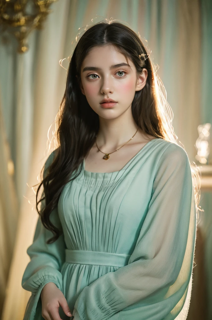 ( masterpiece, top quality, best quality,8k,17 years old girl,ultra detailed,raw photo:1.5),(photorealistic:1.4), (cinematic lighting), PerfectNwsjMajic, , Surrealism, UHD, ccurate, Super detail, textured skin, High detail, Best quality, dynamic angle, White skin,[Beautiful blue eyes], high nose,[flat chest:large breasts:0.5],(1girl),((good anatomy:0.5)), Dreamy atmosphere,expressive brush strokes, mystical ambiance, Artistic interpretation, Stunning Studio Ghibli style white costumes, a whimsical illustration, Subtle colors and tones, mystical aura, jewelry, splendor, portrait