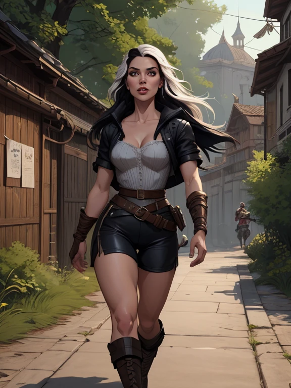 Personagem mulher ninja com marcas de guerras Imagem de desenho animado de uma mulher .Ilustra??o estilo desenho animado, estilo de arte dos desenhos animados, estilo de arte dos desenhos animados, digital illustration style, design de personagens altamente detalhado, arte digital detalhada coragem, Forest fan art, Design de personagens de retrato, beautiful digital illustration, retrato de alta qualidade, Arte em quadrinhos, mulher jovem cabelo com transas lindas . Beautiful lined eyes Medium large bust and wonderful sexy clothes. image expression of sexual desire from waist to head illustration a woman in leather clothing walking down the street, vestindo armadura de assassino de couro, armadura de couro skimpy, roupas de couro de fantasia, Roupa de Fantasia, in a leather espartilho, Yennefer, lara croft medieval, bela assassina feminina, fantasia sombria cyberpunk sedutora, Yennefer of vengerberg, armadura deslumbrante, weared em armadura de couro, espartilho, em armadura de couro