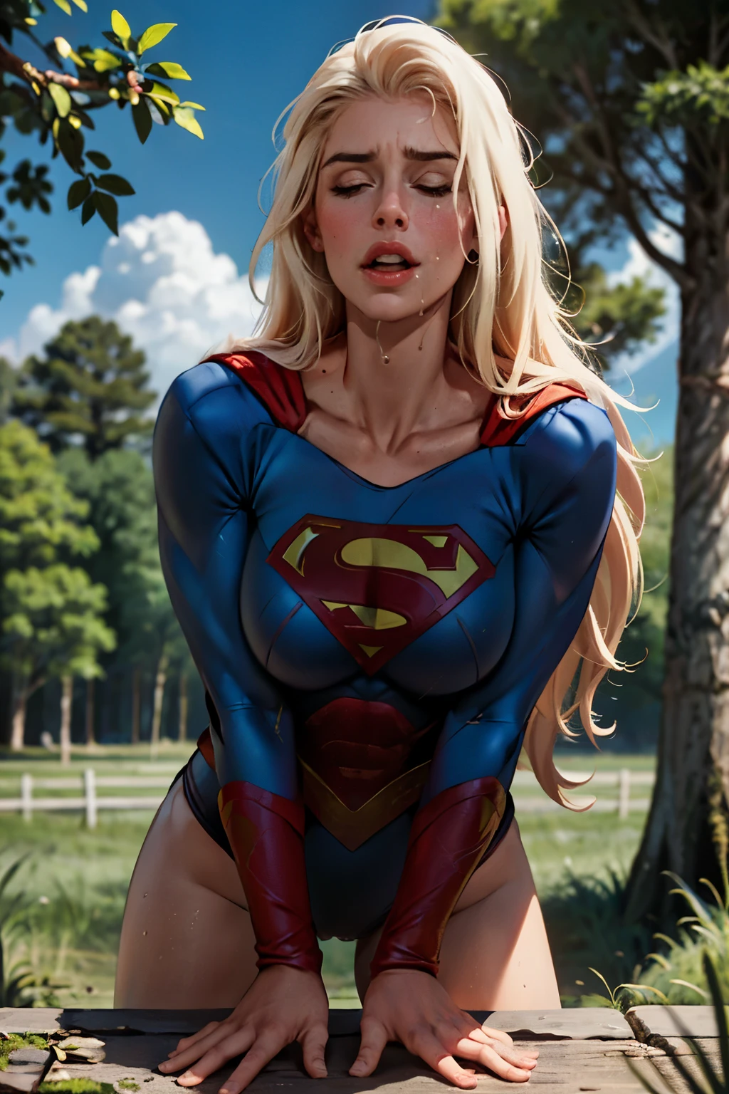 ((highest quality)), ((masterpiece)), (be familiar with), (High definition), (Realistic), (Realistic), (Best Shadow), Low contrast, (Complex:1.4), Side lighting, 8K, ((Helen Slator)), ((SUPER GIRL)), Perfect Face、Detailed、(Accurate hand and finger depiction)、Supergirl Women、Blonde、Voluptuous body、(Large Breasts:1.1)、Narrow waist、Big Ass、Alluring、glamorous, (Wide-open legs), ((Holding his crotch with his hands)), (pissing:1.2), Mouth open、(Eyes closed)、Anguished expression、(orgasm:1.0)、Flushing、(sweating)、On the grass、in the deep forest、wood々Surrounded by、blue sky、Low angle behind