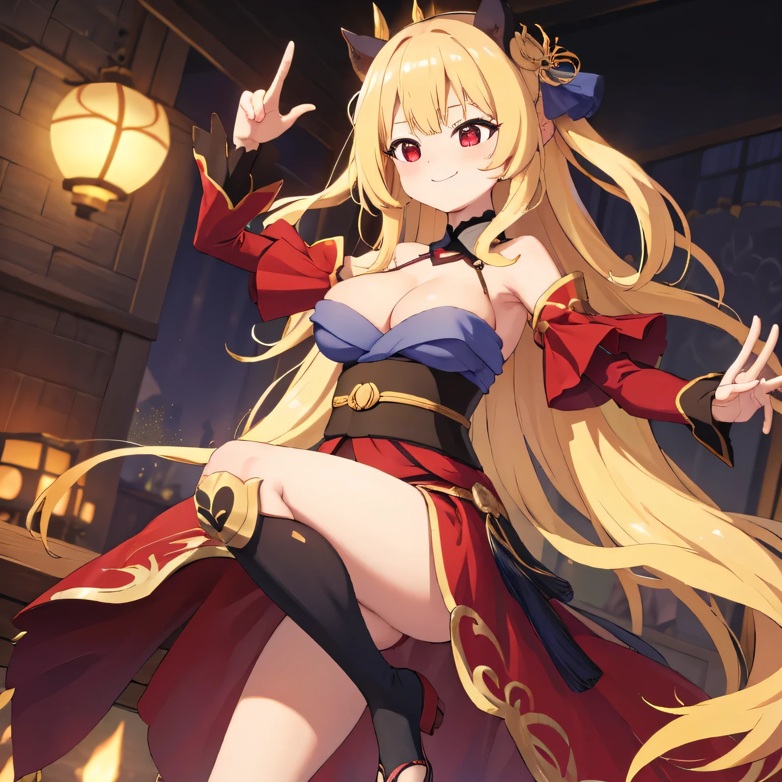 highest quality、、Big Breasts、Cleavage、Long blonde、Red Eye、kimono、smile