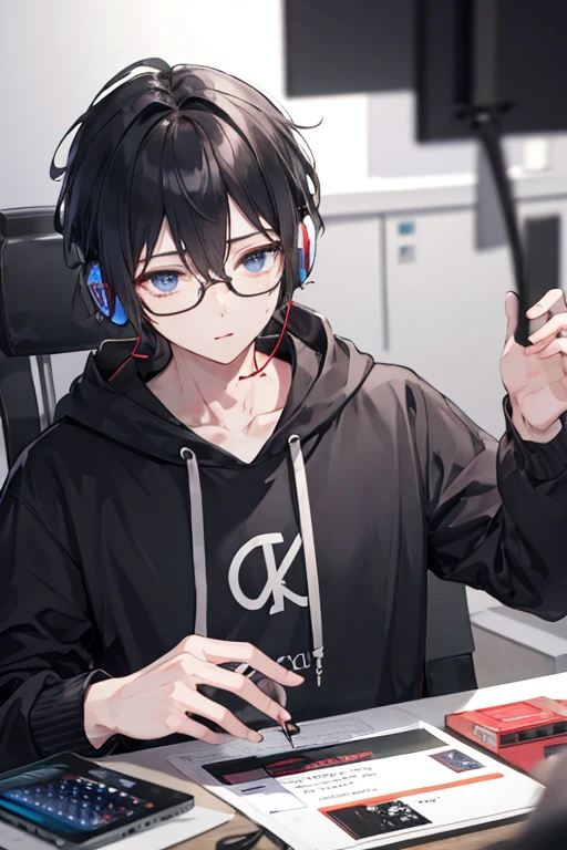 Handsome、Black Hair、Glasses、headphone、male、hoodie、one person、Playing a game、Messy mash hair
