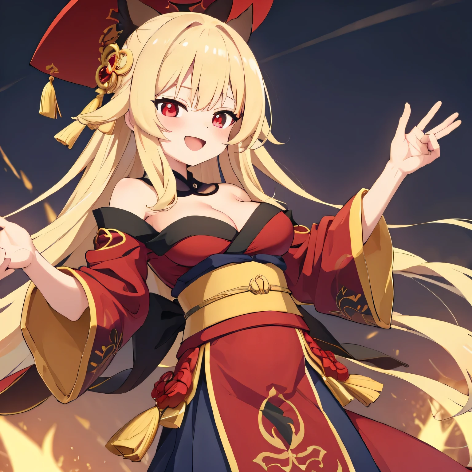 highest quality、、Big Breasts、Cleavage、Long blonde、Red Eye、kimono、smile