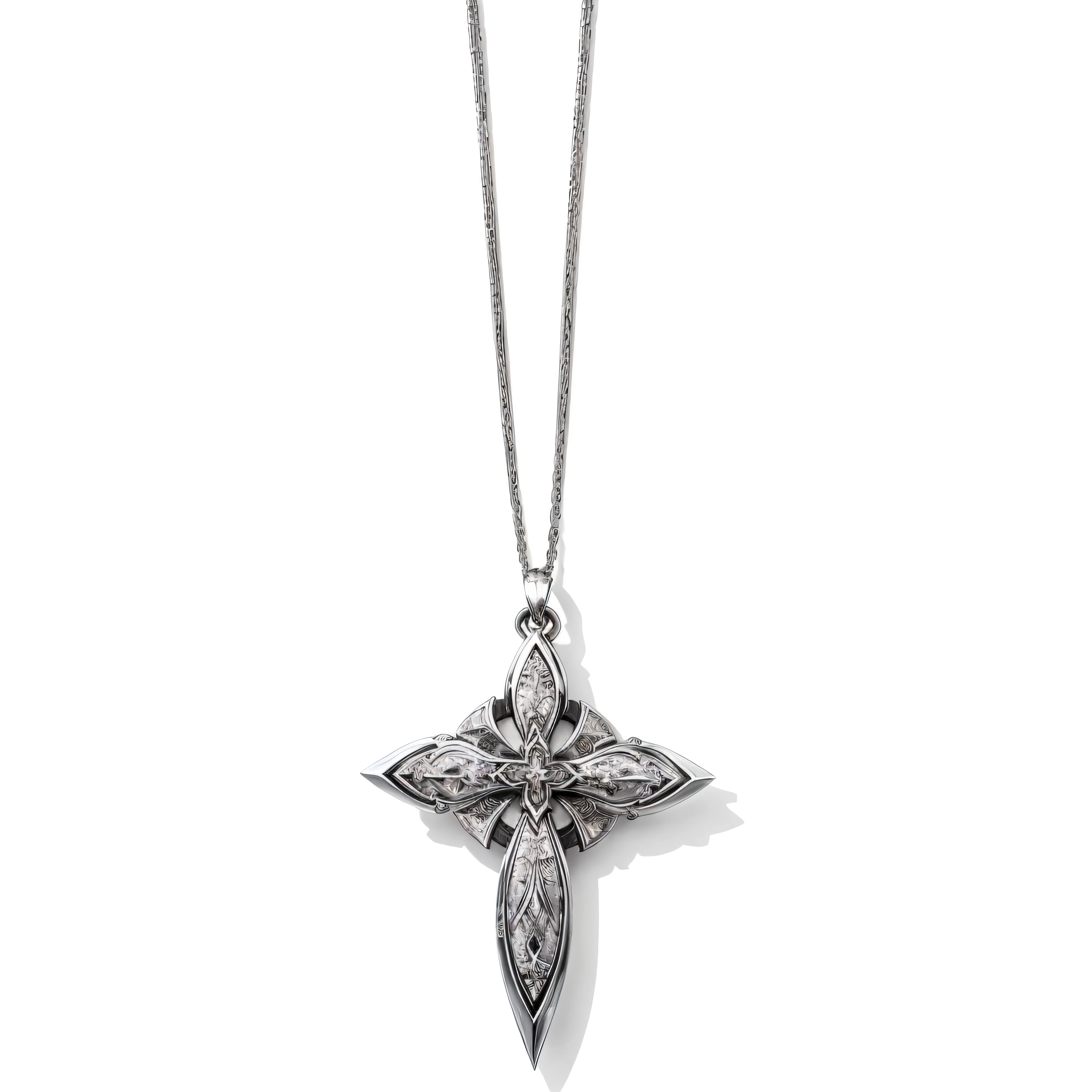 Close up of a cross pendant with a chain on a white background, ankh necklace, 圣cross, enchanting, Fantastic, Vivid details, Ankh pendant, Amazing, Amazing quality, teach, cross, The Minimalists, Crisp details, Epic shock, Top angle view, Powerful details, serene, new, Angelic, VS, gem, Belief, very beautiful