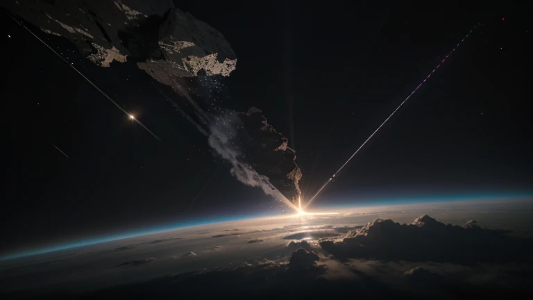 An asteroid in space with light rays attempting to explode it