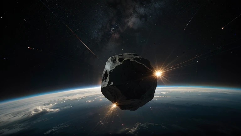 An asteroid in space with light rays attempting to explode it