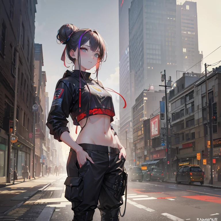 samdoesarts; award winning half body portrait of a beautiful woman in a croptop and cargo pants, military boots, standing on the street faint smile, paint splashes, hair in a bun, splatter, outrun, vaporware, digital art, trending on artstation, highly detailed, fine detail, intricate by Jeremy Mann, matth�us merian the elder, Pino Daeni, robert rauschenber, by beksinski
