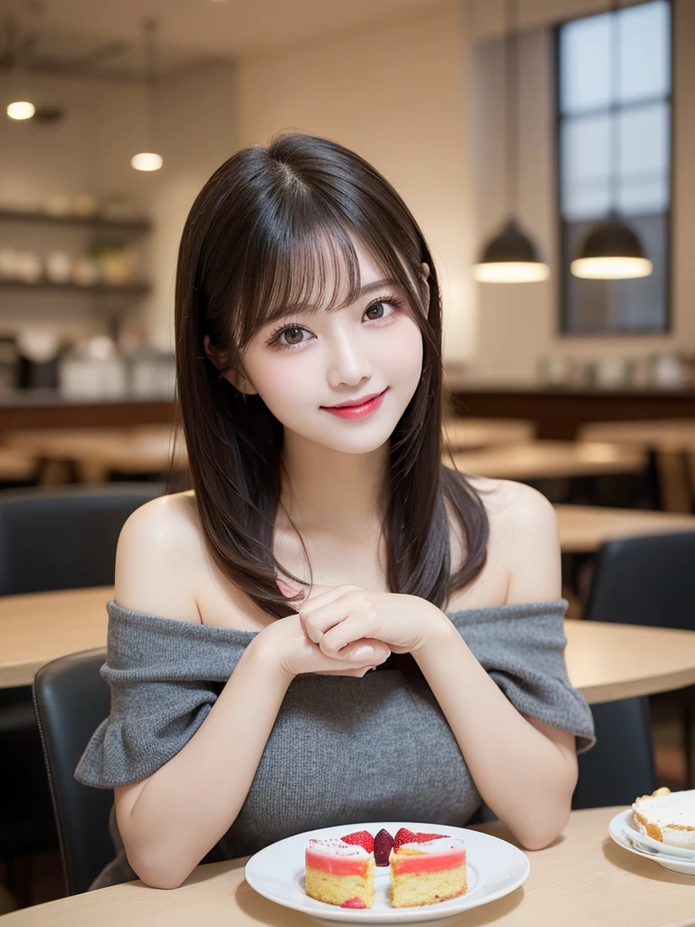 table top, highest quality, figure, super detailed, finely, High resolution, 8k wallpaper, Perfect dynamic composition, beautiful and fine eyes, off shoulder skirt、edium hair,small breasts natural color lip,smile,inside the cafe、eating cakes、Cake on the desk、20 year old girl、cute、sexy shot looking at camera