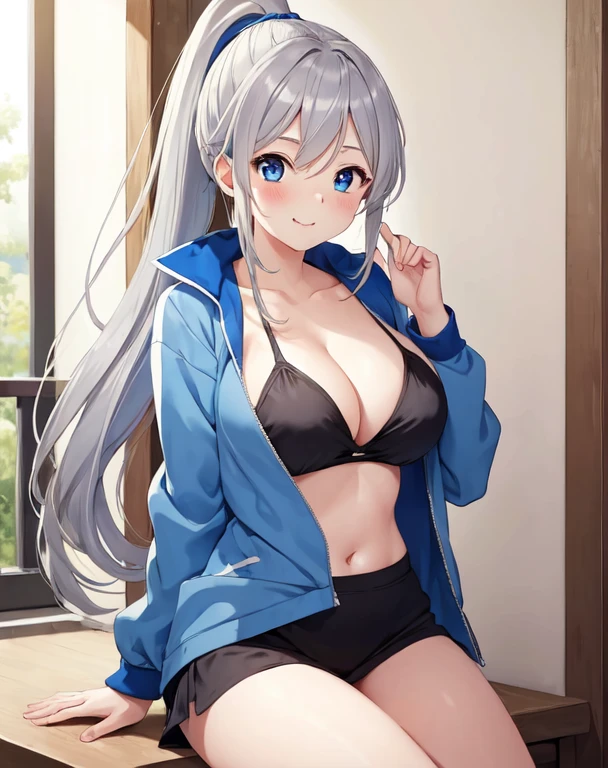 (((masterpiece))), ShizukaMikazuki, One Girl, alone, View audience, Long Hair, Gray Hair, Long sleeve, Cleavage, Large Breasts, Mouth closed, clavicle, Jacket, Open clothes, open Jacket, blue Jacket, Play sports often, blue eyes, High Ponytail, Please depict a person with their hands clasped, making a cute begging gesture with big, pleading eyes. They have a smile on their lips and their eyes are filled with anticipation