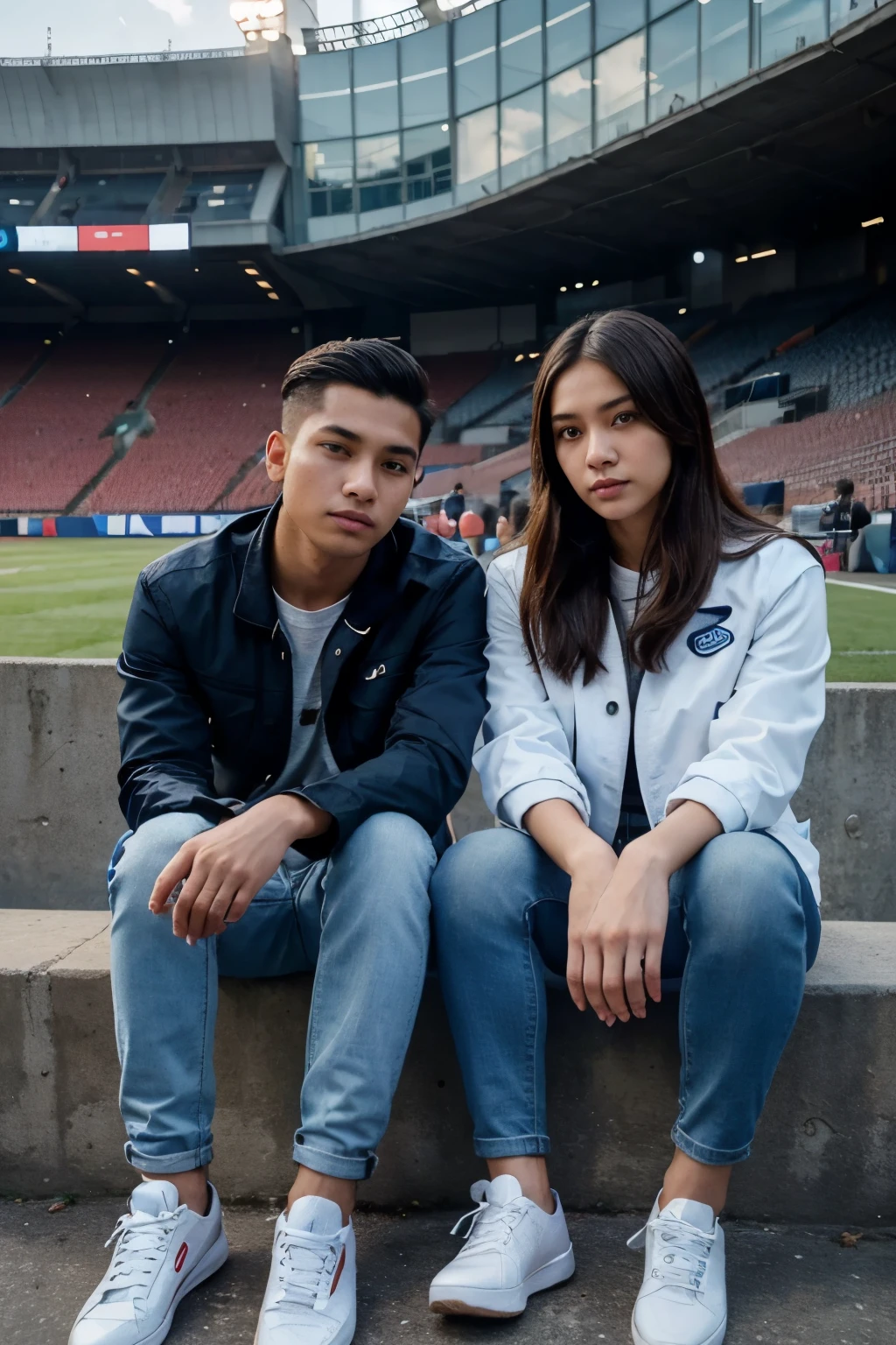 (masterpiece), best quality, expressive eyes, perfect face of a male and female couple from Indonesia, age 25 years, height 170, weight 70 years, man with short hair neatly parted to the side, Pomade, round face, wearing a plain blue jacket, black jeans, white shoes, woman wearing a plain blue jacket, very beautiful, long hair, ultra HD, 12k, realistic, aesthetic, bokeh camera, photography, very detailed, sitting in the stadium stands, full body, with the stadium in the background, and the fans.