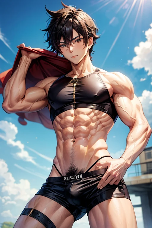 Anime boys abs wearing briefs and showing hairy belly button