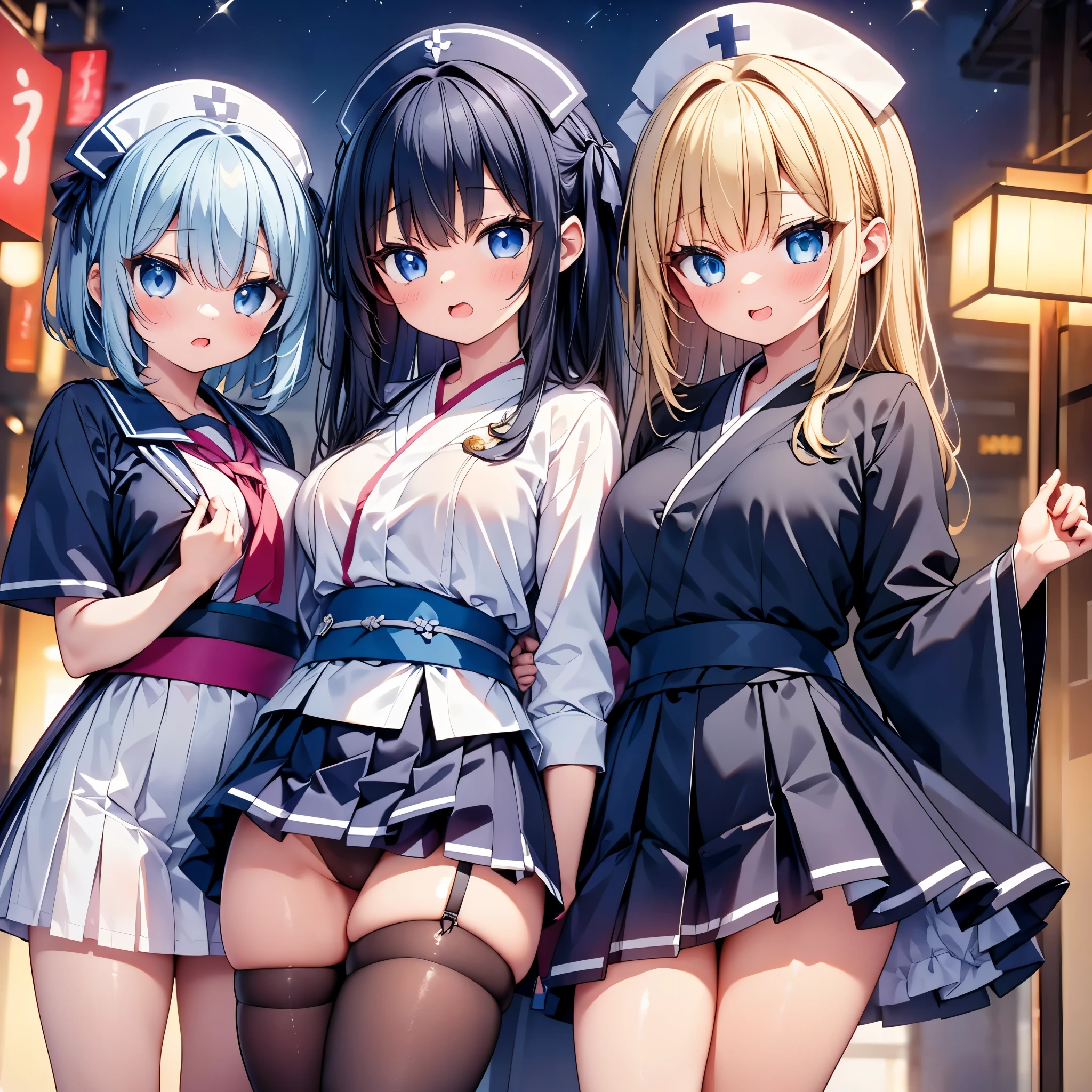 (cute eyes:1.2), (sparkling eyes:1.2), highest quality,wonderful,finely,extremely detailed CG Unity 8K wallpaper, (Stand in line:1.2), (3 girls, cute eyes, japanese nurse , clothed), (midium breasts), (open mouth:1.1), (long tongue:1.1), (mouth drool:1.1), (Black knee socks:1.1),(Thighs:1.1),(Waistline:1.1)