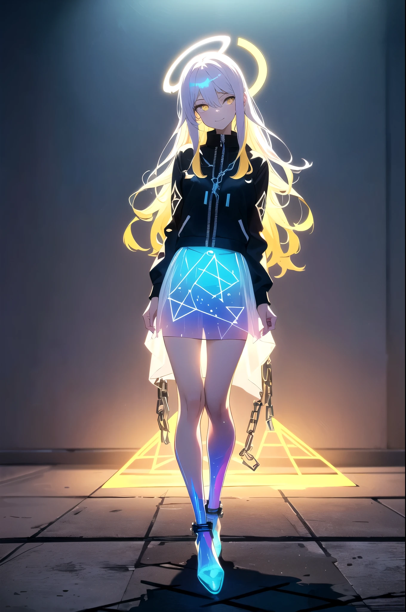 (blonde hair, long hair, sidelocks), (eyes with a mix of yellow and blue irises:1.5), two-tone eyes, multicolored eyes gradient eyes, white and blue jacket with constellation prints, (best quality,4k,8k,highres,masterpiece:1.2), ultra-detailed, portraits, (HDR:1.1), (vivid colors:1.1), (studio lighting), (bokeh), (highly saturated colors), (soft lighting), (detailed background), (subtle shadows), (ethereal glow), (pastel color palette), (delicate details), (sublime beauty), (feminine charm), (crisp focus), (fine brushwork), (impeccable craftsmanship), (emotional depth), (captivating storytelling), (intriguing narrative), (impressive realism), (exceptional artistry), (masterpiece-worthy), (awe-inspiring), blonde hair, very long hair, sidelocks, (eyes with a mix of yellow and blue irises:1.5), (two-tone eyes:1.5), (multicolored irises:1.5), multicolored eyes (gradient eyes:1.5), white and blue jacket with constellation prints, metallic skirt, (smug:1.5), (smirk), naughty face, mischievous, futuristic clothing, science fiction setting, high-tech, glowing eyes, (unicursal hexagram-shaped irises), (full body:1.5), (chains:1.5), (holographic halo:1.5), (unicursal hexagram halo:1.5), xuer hologram Laser skirt, (transparent skirt:1.5)