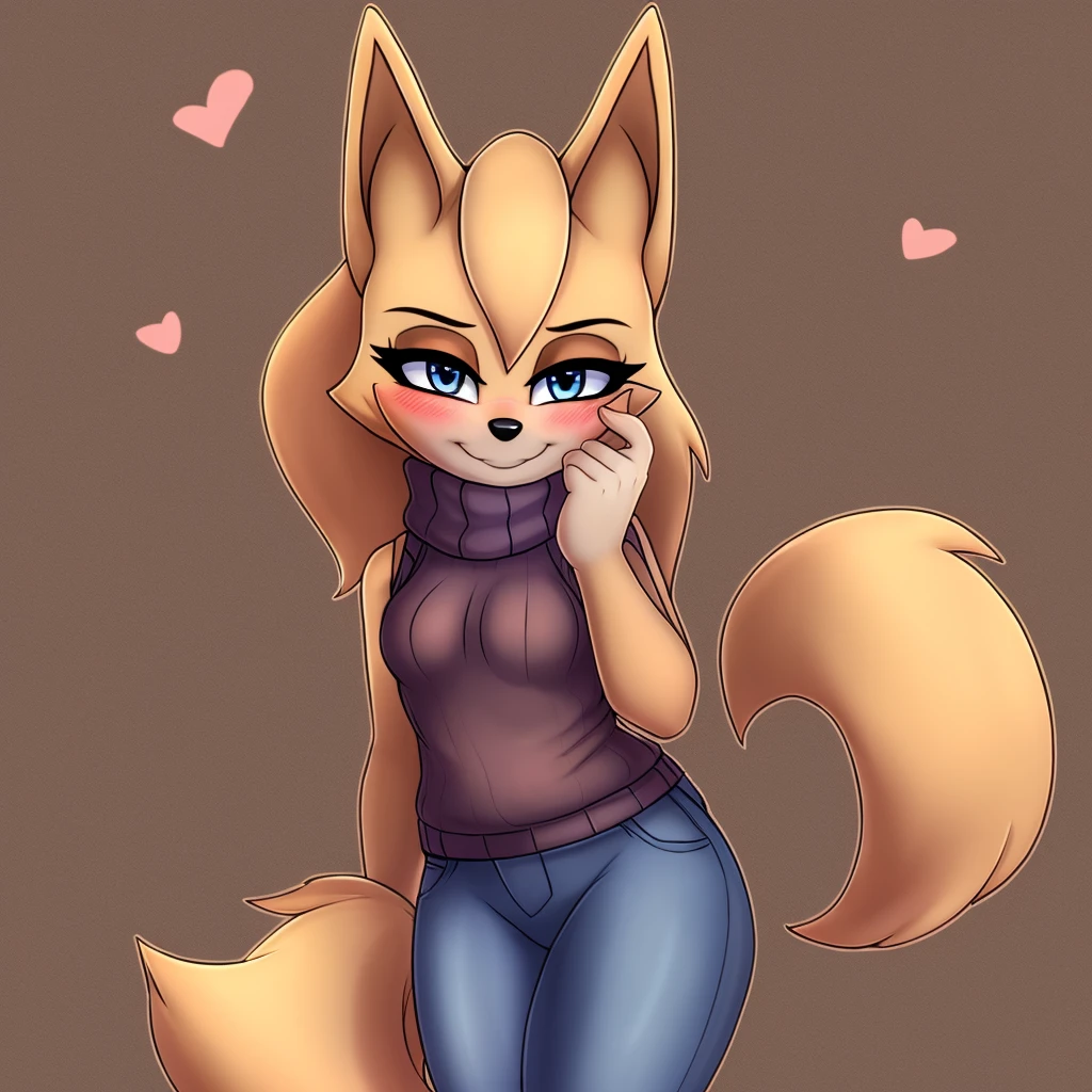 Whisper the wolf, blue eyes, blushing, sweater, ((sleeveless sweater)), jeans, smile, closed mouth, cute, hearts, looking at viewer, outline, Intricate Details, Masterpiece, Best Quality, High Quality, Studio Quality, Best Detail, Perfect Detail, Refine Detail.