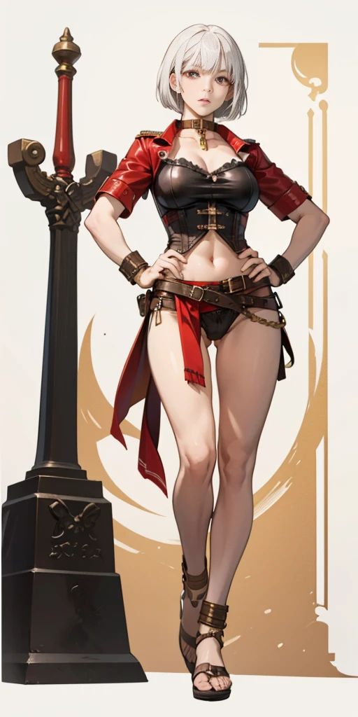 ((PLAIN BACKGROUND 1:2, masterpiece)) White hair, short bob hair cut, pinched eyes, (big-:1.5), thin legs, thin body, leather collar, full body, view from below, wide hips, hands on waist hands OR hips, golden bracers, metal handcuffs, leather corset, red loincloth, black leather choker slave collar, shackles bracelets, slave red crest under navel, navel, big belt around waist OR hips, feet together, metal ankle, two long thighs and two metal sandals
