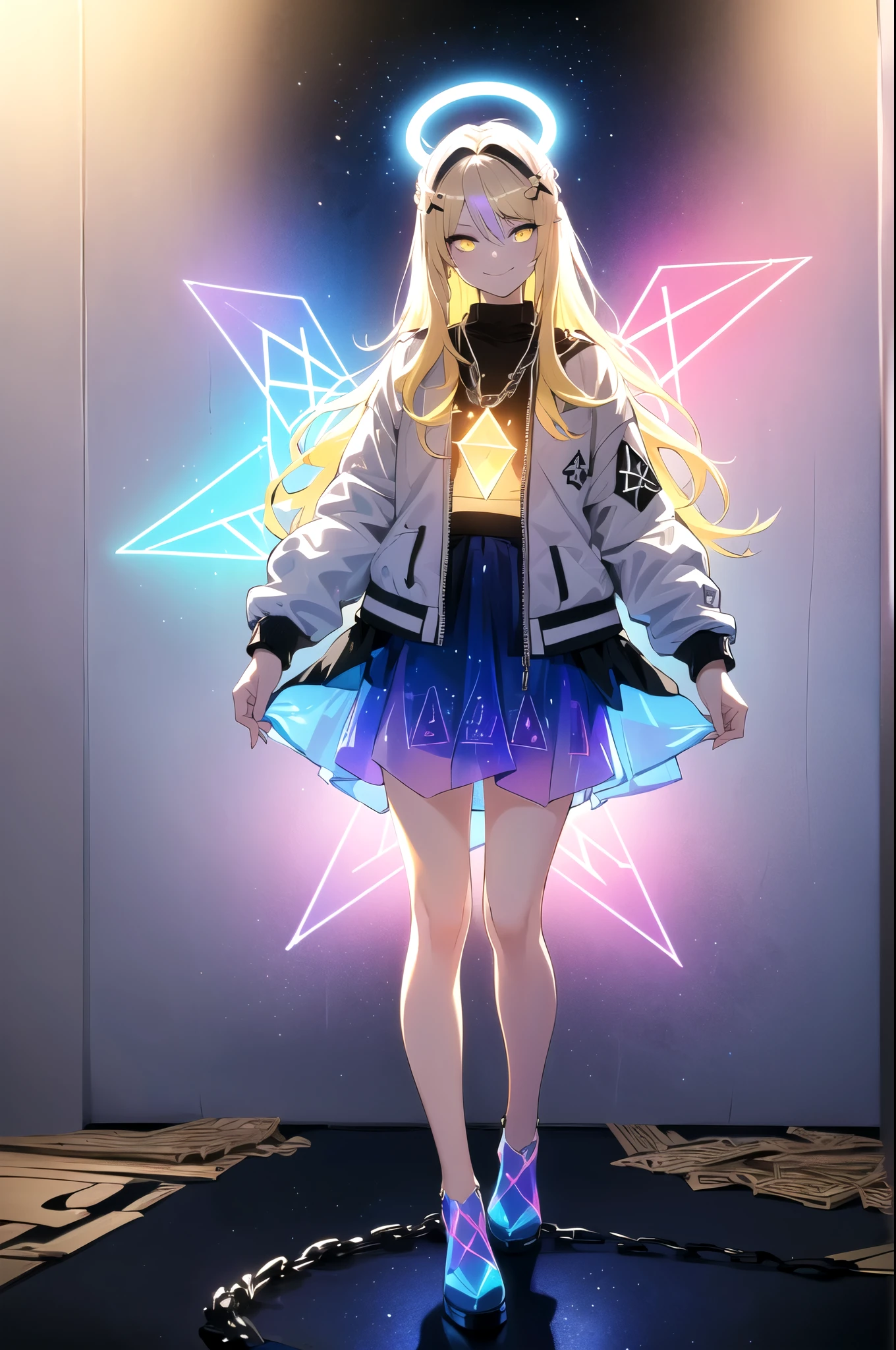 (blonde hair, long hair, sidelocks), (eyes with a mix of yellow and blue irises:1.5), two-tone eyes, multicolored eyes gradient eyes, white and blue jacket with constellation prints, (best quality,4k,8k,highres,masterpiece:1.2), ultra-detailed, portraits, (HDR:1.1), (vivid colors:1.1), (studio lighting), (bokeh), (highly saturated colors), (soft lighting), (detailed background), (subtle shadows), (ethereal glow), (pastel color palette), (delicate details), (sublime beauty), (feminine charm), (crisp focus), (fine brushwork), (impeccable craftsmanship), (emotional depth), (captivating storytelling), (intriguing narrative), (impressive realism), (exceptional artistry), (masterpiece-worthy), (awe-inspiring), blonde hair, very long hair, sidelocks, (eyes with a mix of yellow and blue irises:1.5), (two-tone eyes:1.5), (multicolored irises:1.5), multicolored eyes (gradient eyes:1.5), white and blue jacket with constellation prints, metallic skirt, (smug:1.5), (smirk), naughty face, mischievous, futuristic clothing, science fiction setting, high-tech, glowing eyes, (unicursal hexagram-shaped irises), (full body:1.5), (chains:1.5), (holographic halo:1.5), (unicursal hexagram halo:1.5), xuer hologram Laser skirt, (transparent skirt:1.5)