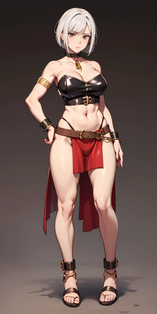 ((PLAIN BACKGROUND 1:2, masterpiece)) White hair, short bob hair cut, pinched eyes, (big-:1.5), thin legs, thin body, leather collar, full body, view from below, wide hips, hands on waist hands OR hips, golden bracers, metal handcuffs, leather corset, red loincloth, black leather choker slave collar, shackles bracelets, slave red crest under navel, navel, big belt around waist OR hips, feet together, metal ankle, two long thighs and two metal sandals