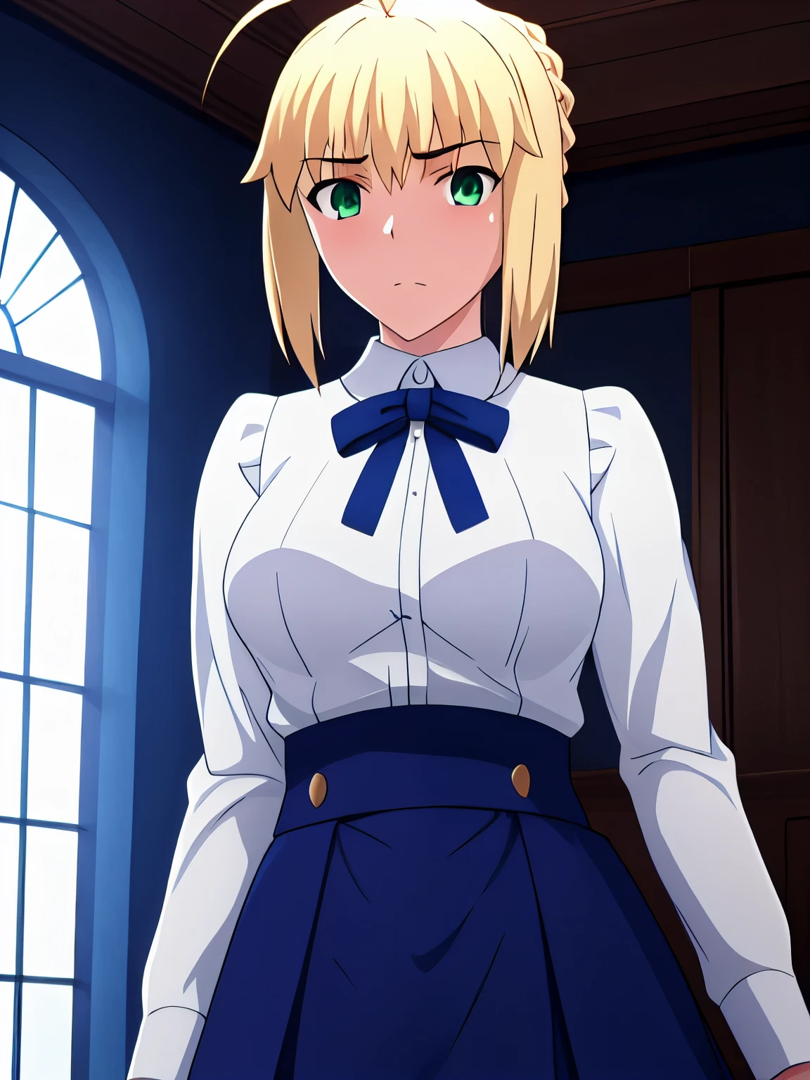 best quality, masterpiece, highres, ray_tracing_graphic, solo, adult_female, {saber_fatestaynightufotable:1.15}, blonde_hair, little_ahoge, green_eyes, blue_ribbon, 1girl, anime_coloring, upper_body, shy_face, five_fingers, blush, large_breasts, shirt, blue_skirt, from_the_front, stand, bedroom, night_time