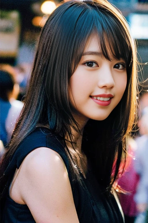 (8k、RAW Photos、highest quality、masterpiece:1.2)、(Realistic、Photorealistic:1.37)、Very detailed、Ultra-high resolution、1 female、Seeing the viewer、Beautiful and elaborate face、Big eyes、Blue eyeshadow、round face、Laughter、narrow、(Narrow waist) :1.3)、Beautiful, smooth skin、Skin Texture、Floating Hair、Professional Lighting、The whole human body、Long Hair、Brown Hair、blonde、Japanese high 、Sleeveless dress、Bob Hair、E Cup、smile、Age 25、Baby Face、childish smile、Moisturizing lips、Light pink lips、Nostalgic Countryside、Arcade