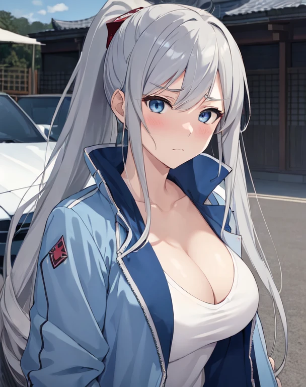 (((masterpiece))), ShizukaMikazuki, One Girl, alone, View audience, Long Hair, Gray Hair, Long sleeve, Cleavage, Large Breasts, Mature Body,clavicle, Jacket, Open clothes, open Jacket, blue Jacket, Ground vehicles, Play sports often, bicycle,blue eyes, High Ponytail, The look of temptation,Embarrassed face