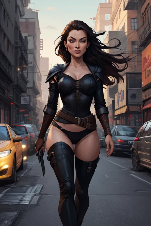 Gamora's outfit looks like a mix between explorer and goth. She loves her leather. She wears a black bustier, black pants, black boots, and a dark long coat which stands out against her green skin.