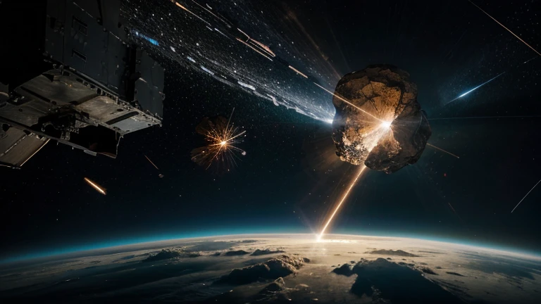 An asteroid exploding and breaking in space with light rays bouncing off it