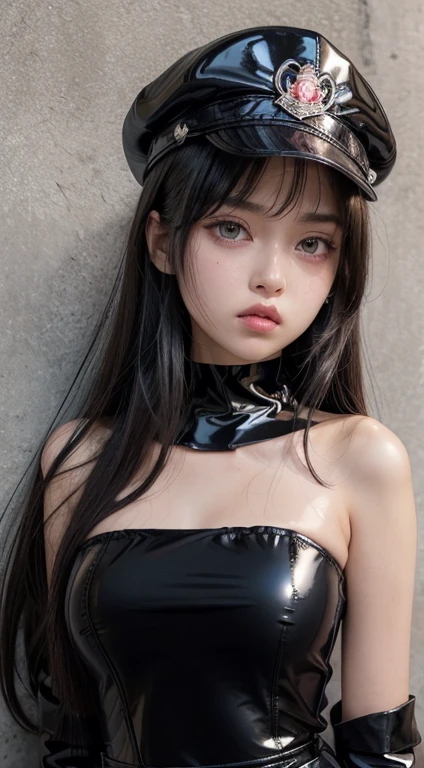 1 girl,heart-shaped pupils, hand on hips, (black hair), (purple eyes), long hair, (((long straight hime hair))) (blush:1.1), Upper body, trembling, Sweat, Sweatdrop, heart, (speed line:1.1), ((Flat milk)), ((heavy breathing:1.3)), like, heart, angry look, Yandere, (()), ((jagged teeth)), small breasts, (Black military cap), ((black jacket)), off shoulder, ((shiny latex black tube top)), ((strapless)), shiny, ((mini pencil skirt)), cowboy shot, ((hime hair)), hime cut, hime haircut, hime style, black off shoulder jacket, ((tsundere)),