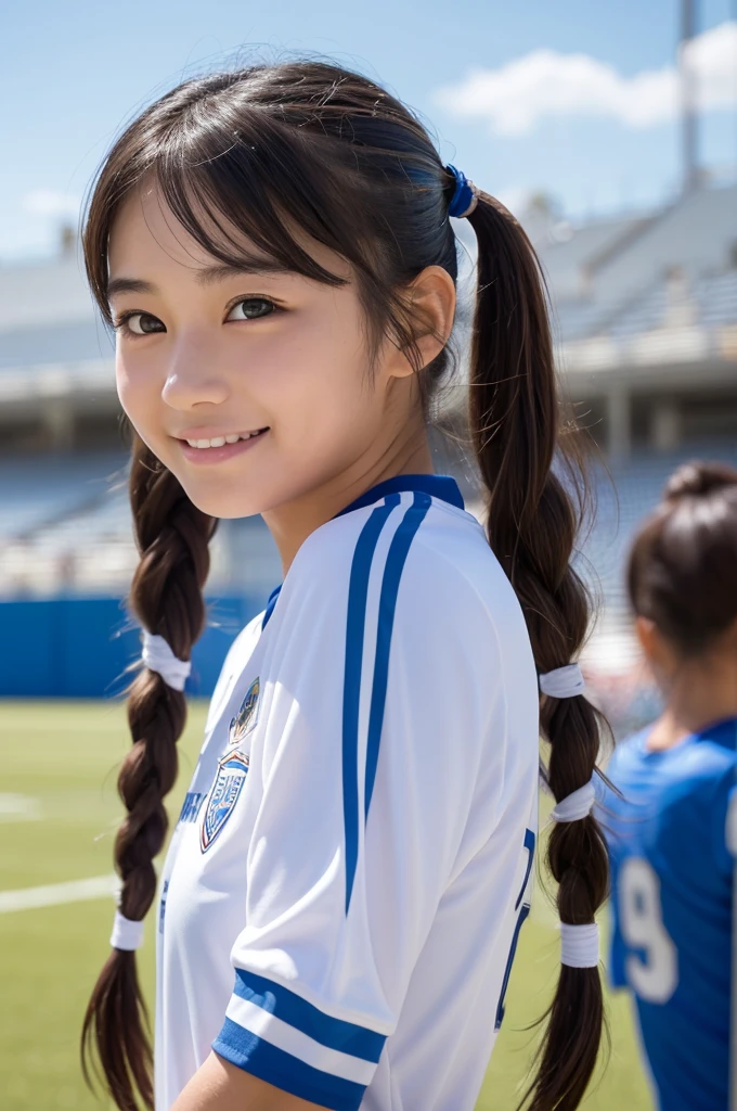 masterpiece, highest quality, 8k, Ultra-dense skin, Perfect Anatomy,Upper Body, cute,1 girl,Face close-up,Brown long hair,Twin tails,Oily, shiny skin,Smooth skin,Looking at the audience,Sharp focus,focus on,football,football uniform,Narrow eyes,,Devilish smile,Refreshing look,blue sky,Soccer field,Fine grain二重まぶた,Fine grain,Excited,Sexy pose,erotic