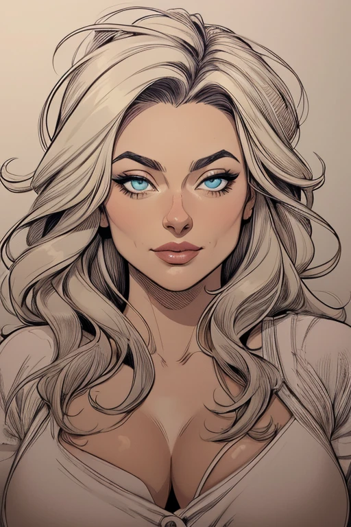 Flat colors,close-up, portrait,  of a 27 year old surfer looking girl, tan skin, ([blue eyes]) Beach blonde salty hair, natural beaty, beautiful, casual,cartoon style illustration,digital illustration style, design de personagens altamente detalhado, arte digital detalhada coragem, Forest fan art, Design de personagens de retrato, beautiful digital illustration, retrato de alta qualidade, Arte em quadrinhos, mulher jovem cabelo com transas lindas . Beautiful lined eyes beautiful, casual, ((([ topless, large perfect breast, perfect small nipples]))