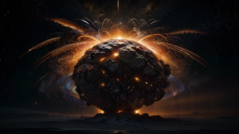 (best quality,4k,8k,highres,masterpiece:1.2),ultra-detailed,(realistic,photorealistic,photo-realistic:1.37),astronomy,painted explosion,shattered asteroid,bright rays,cosmic debris,scattered fragments,distant stars,dramatic lighting,space mission failure,chaotic energy,shimmering dust,cosmic destruction,magnificent destruction,stellar explosion,celestial fireworks,interstellar burst,galactic spectacle,crimson and golden hues,twinkling stars,deep black background,immersive experience,awe-inspiring,intergalactic catastrophe,mesmerizing sight,cosmic phenomenon,starburst,exploding celestial body,cascading light,radiating energy,otherworldly,cosmic impact,space hazard.